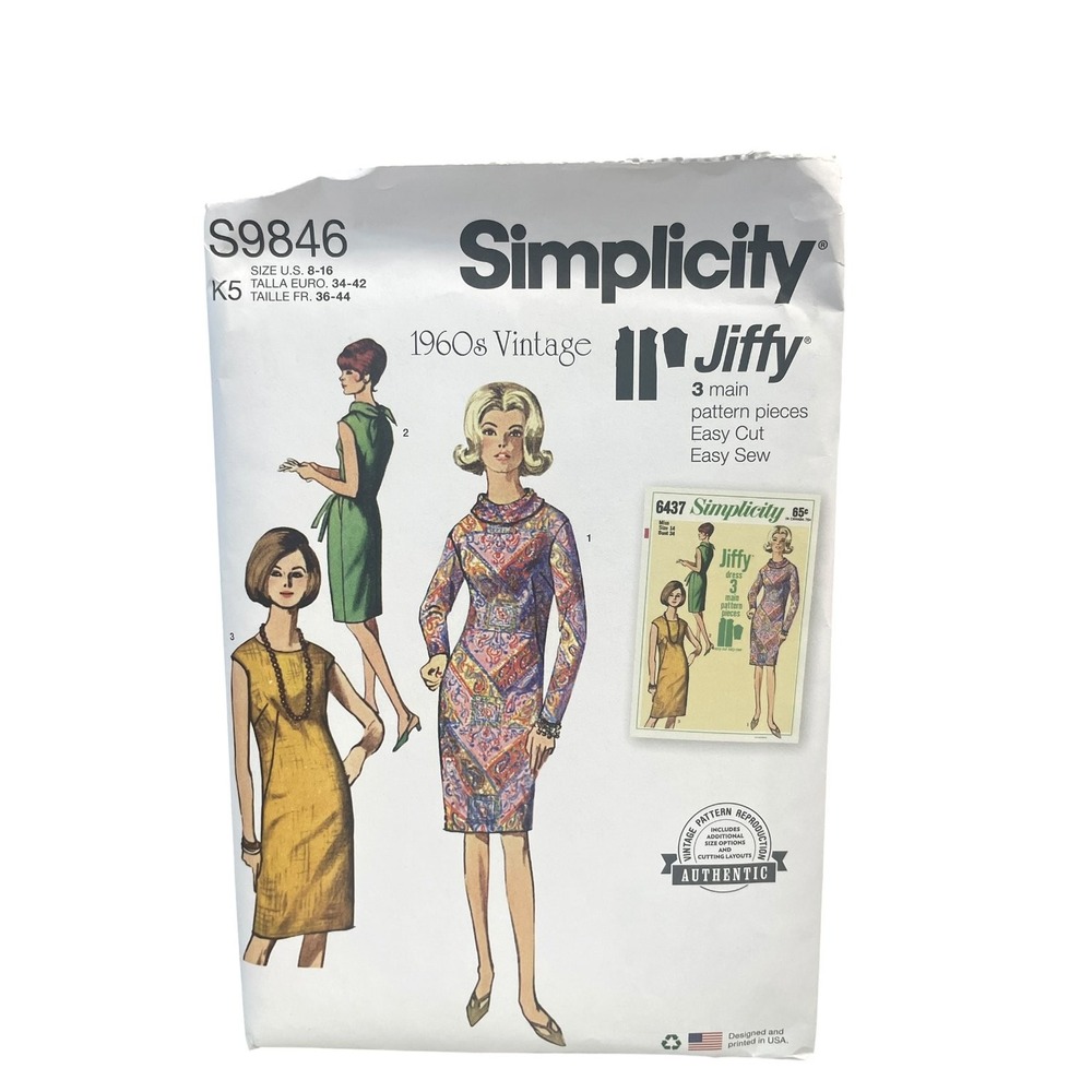 Simplicity S9846 Misses Dress US 8-16 1960s Vintage Jiffy Easy Sewing Pattern